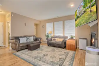 Family room with cozy double sided gas fire place
