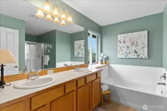 Primary bath with double sinks and soaking tub