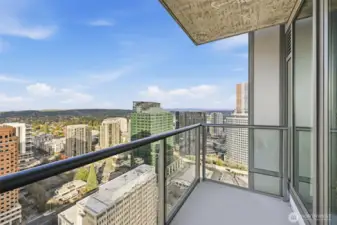 Northwest-facing balcony overlooking downtown Bellevue.