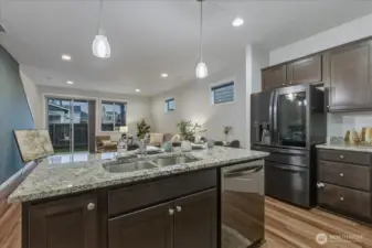 Kitchen, Island, Eat Bar, Luxury Vinyl Plank Flooring, High Ceilings, Free-Standing Fridge