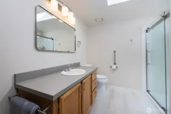 Remodeled master bath - new spacious shower, flooring, light fixtures and ceiling fans
