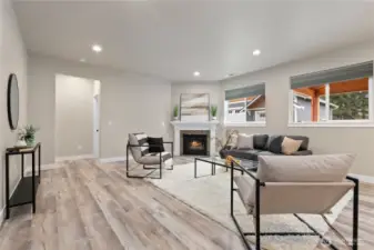 The family room also has a warm fireplace