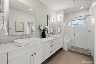Primary Bath w/ quartz countertops and large shower