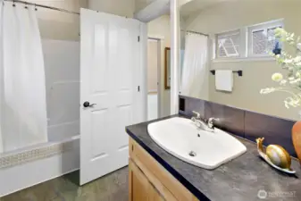 The upper bath includes sink, toilet, tub and shower.