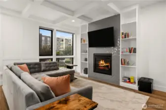 Living room with box beam ceilings