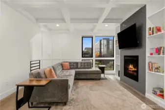 Living room with box beam ceilings