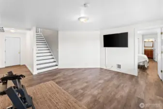Downstairs bonus/living room. Exterior door to back yard (not pictured)
