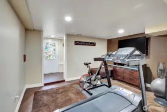Basement Rec / Fitness Room with door to side yard