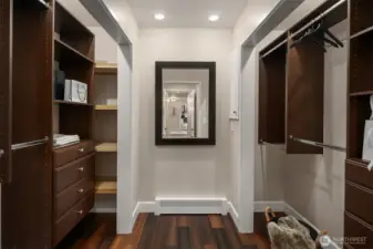 Spacious walk in closet with built-ins.