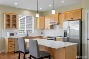 Kitchen updates include quartz counters and backsplash, newer sink & faucet, range hood, Electric Induction Range with oven, dishwasher and microwave. All cabinets hardware replaced with Oil Rubbed Bronze handles & knobs.