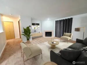 Living room w/ fireplace (virtually staged)