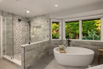 Relax in the spa-like bathroom listening to the sound of the waterfall in the back yard. Big and beautiful shower with 2 shower heads.