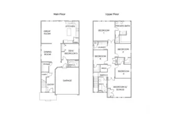 Floor plan of the Savannah S170 showcasing the main floor with great room, kitchen, dining room, den/bedroom 5, bath 2, and 2-car garage, plus the upper floor with primary suite and private bath, bedrooms 2-4, bedroom 6/bonus room, laundry, and bath 3.