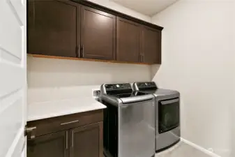 Experience the ultimate convenience with our thoughtfully designed upstairs laundry room, complete with a washer and dryer ready to convey with your new home.