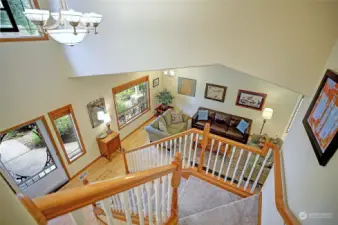 View from the top of the stairs looking into the living room