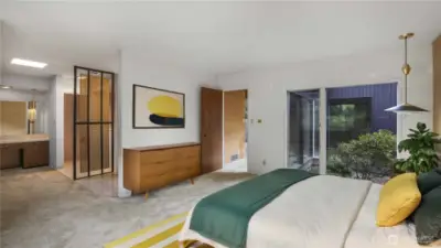 Enjoy the privacy in the primary bedroom with open en-suite, large windows and built-in closets. ***Virtually Staged***