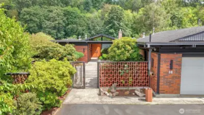 Exceptional street appeal with beautiful landscaping, fruit trees & garden wall with gate that opens to the aggregate courtyard.
