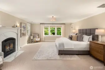 Right on our left up the stairs is this incredible primary.  Fireplace for cozy winter nights, and big bright windows.