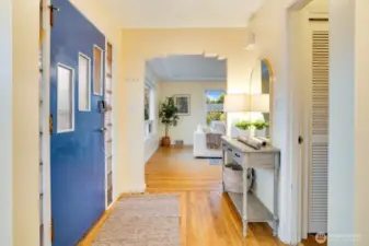Oak Hardwood Floors in span the light filled living room.