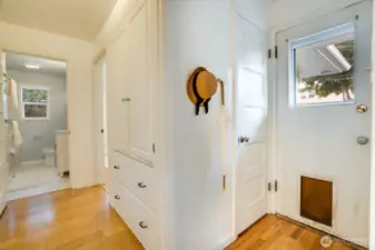 Backdoor on the right, on the left is the walk-in pantry and addition storage located in the hall.
