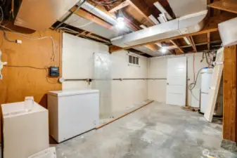 Utility room where water heater and furnace are housed. Home has central heating and cooling.