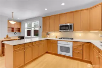 The kitchen is quite spacious and features hardwood flooring and light wood cabinetry that wraps around three walls of the kitchen, providing an abundance of storage.