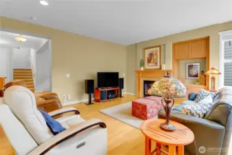 Built-in shelving on both sides of the fireplace provides a nice place to display or store your items.