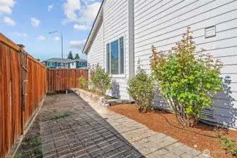 Landscaped side yard with paver stones pathway.