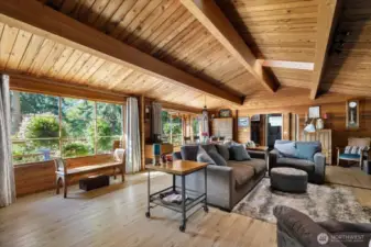 Great Room overlooks 5 very private, park-like acres.  This is a rare property in a very convenient South Whidbey location.