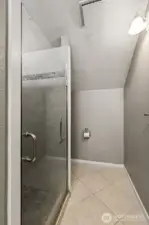 This is the view of Unit B's 3/4 shower and toilet.