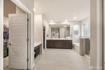 Primary bath with 2 sinks, separate vanity area & wrap around walk in closet