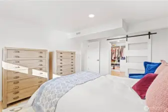 Lower level second primary suite with custom closet and reimagined bath