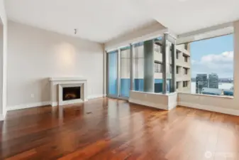 View of living & dining space from fridge.