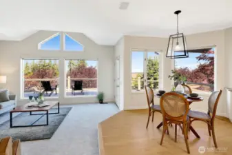 Another view of the kitchen eating area and family room