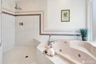 The main level primary bath has a jetted tub and extra-large open shower