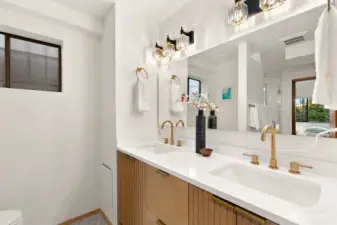 New bathroom with double sinks, heated floors and custom tile shower- access from the 4th bedroom and hallway