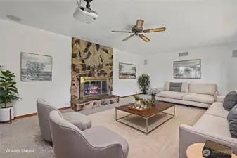 Virtually staged Living room with wood fireplace