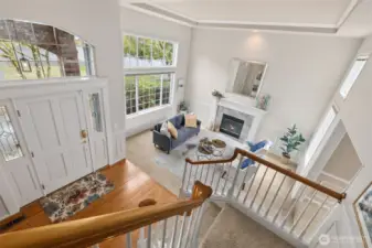 Looking from above you can see all the windows, gas fireplace and wainscoting.