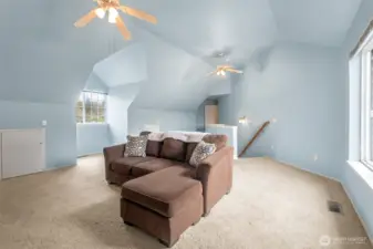 GINORMOUS bonus room with storage - ceiling fans and that's the second stairwell behind the small wall with the railing.