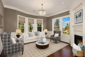 Fireside living room with lake views.