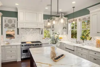 Viking 6-burner double overn, 2 Miele dishwashers, a huge walk-in panty and a side prep area make this kitchen a dream.