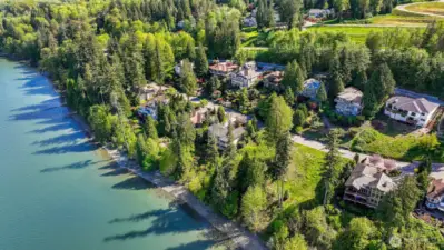 Coastal frontage lined with evergreens and peaceful natural surroundings.