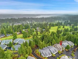 So beautiful! Aerial view the Lakeland Village golf course and looking out to Case Inlet in Allyn.