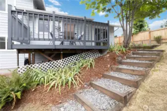 Functional outdoor space with landscaped path and deck access