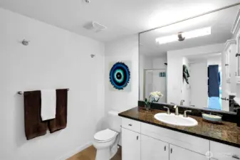 Gigantic 3/4 guest bath near entry.