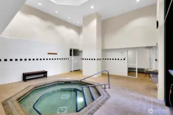 Modern spa features large hot tub and sauna.