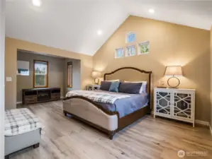 Spacious primary bedroom on the main level featuring vaulted ceilings and a generous layout