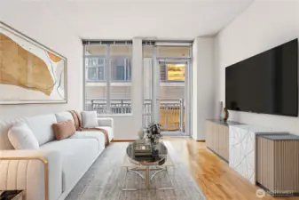 Studio main room, complete with private patio.