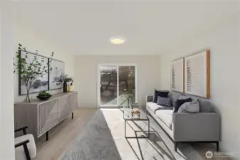 Bright living room with efficient layout, ideal for full-time living or a weekend retreat in Friday Harbor.