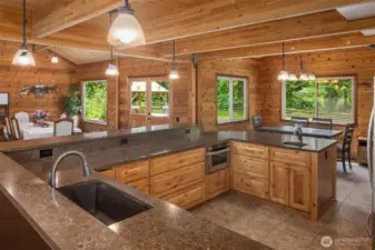 Kitchen with stainless steel appliances and ample storage in wood cabinetry. Large windows surrounding kitchen and dining area providing ample natural light flowing within the space.